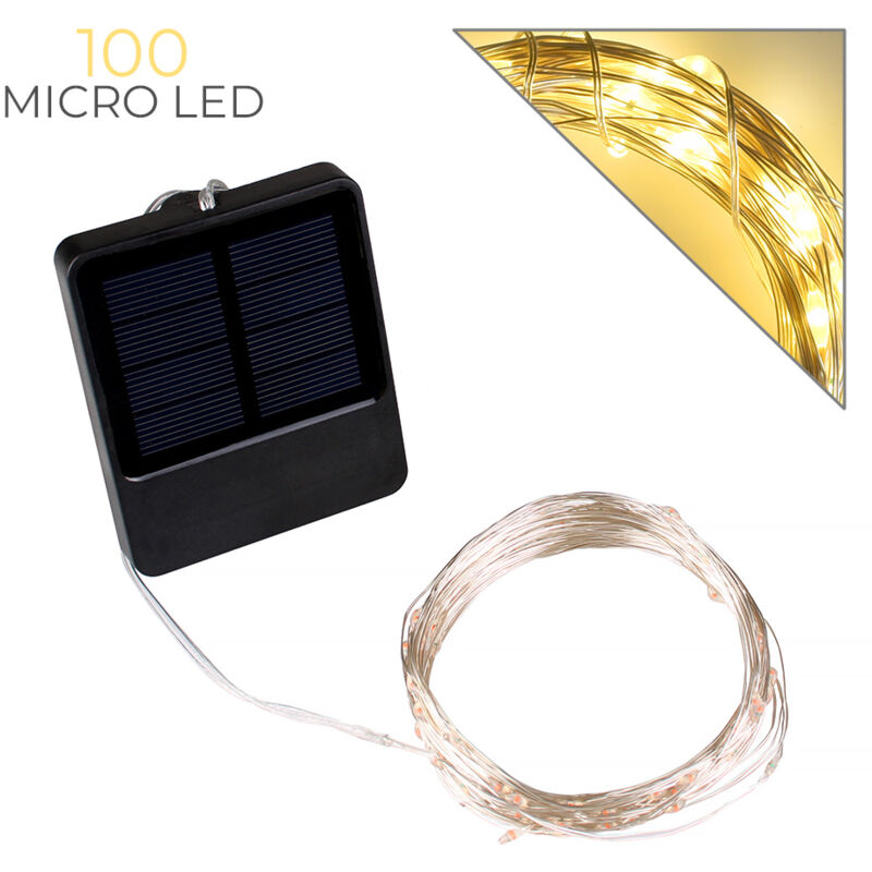 foto del prodotto catena luminosa ricarica solare 10 metri con 100 micro led gialli cavo flessibile per decorazioni natalizie giardini e interni