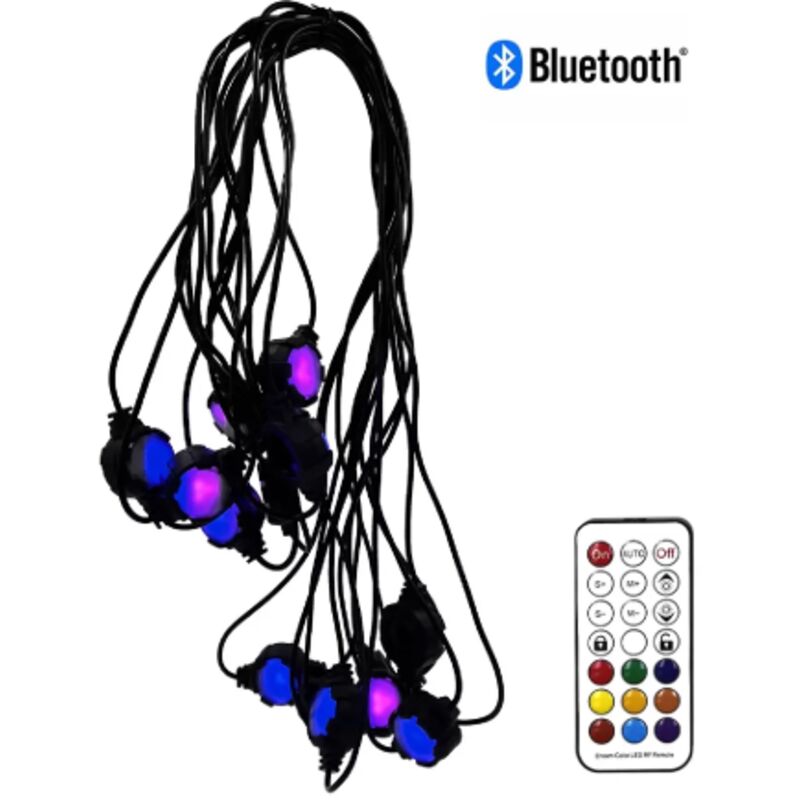 foto del prodotto catena luminosa smart a led con gestione tramite app da cellulare con 16 luci rgb bluetooth con telecomando ip67 con picchetti e supporti inclusi per