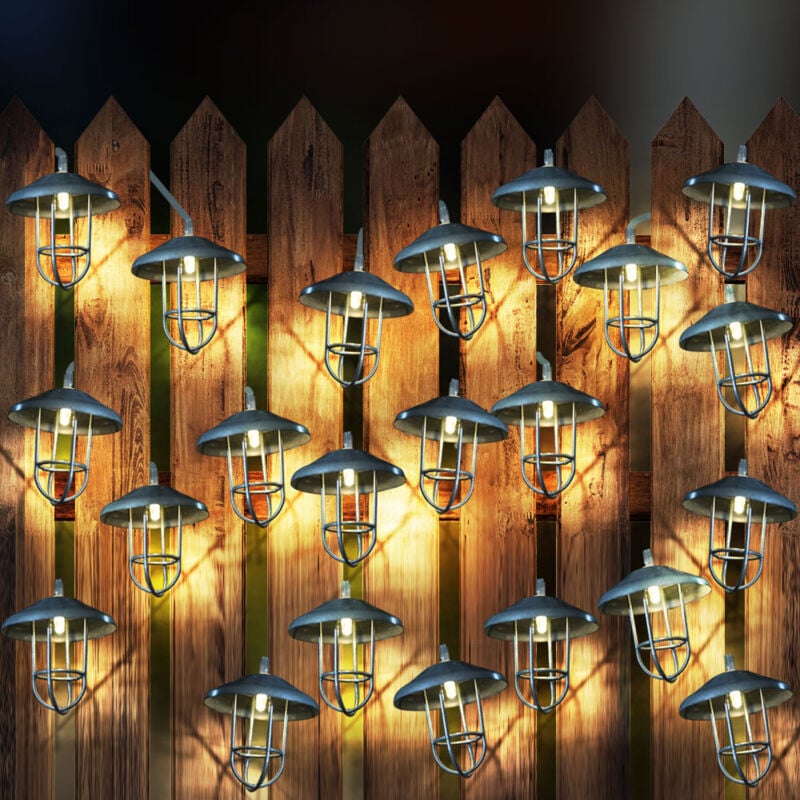 foto del prodotto catena luminosa solare a led, lampada solare da esterno, decorazione da giardino, stile country, picchetto a batteria, argento, 30x led bianco caldo,