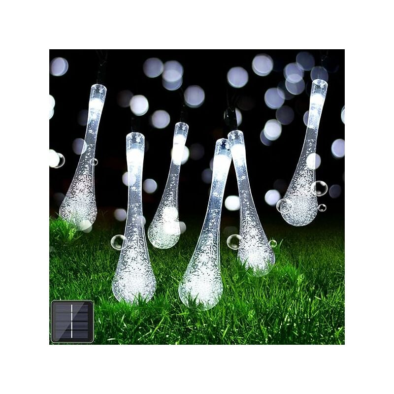 foto del prodotto catena luminosa solare di natale a forma di goccia a 50 led con 8 giochi di luce per uso interno esterno luce bianca 