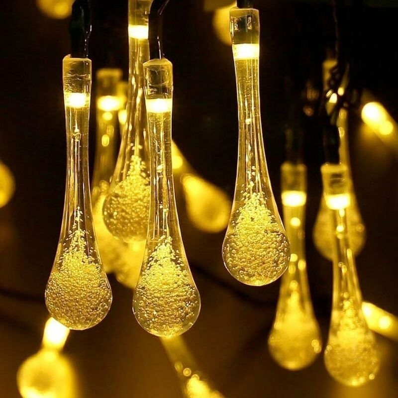 foto del prodotto catena luminosa solare di natale a forma di goccia a 50 led con 8 giochi di luce per uso interno esterno luce calda 