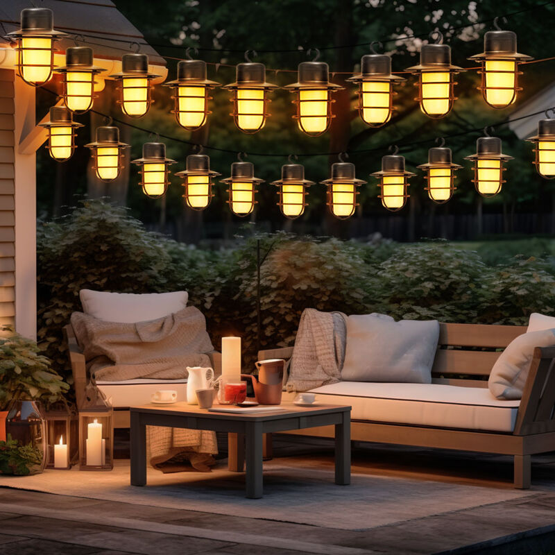 foto del prodotto catena luminosa solare, lampada solare, lampada da giardino da esterno a led, effetto fiamma, picchetto a batteria, nero, 24 lanterne a led, bianco