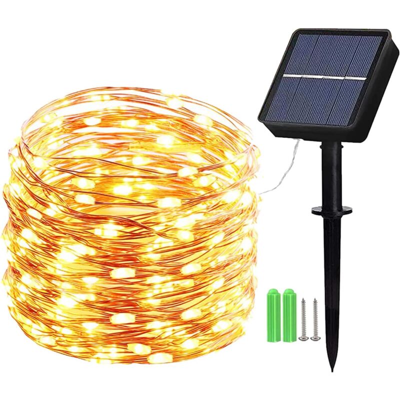 foto del prodotto catena luminosa solare per esterni, 10 m, 100 led, filo di rame, 8 modalit , per decorazioni esterne, giardini, alberi, ecc. bianco caldo 