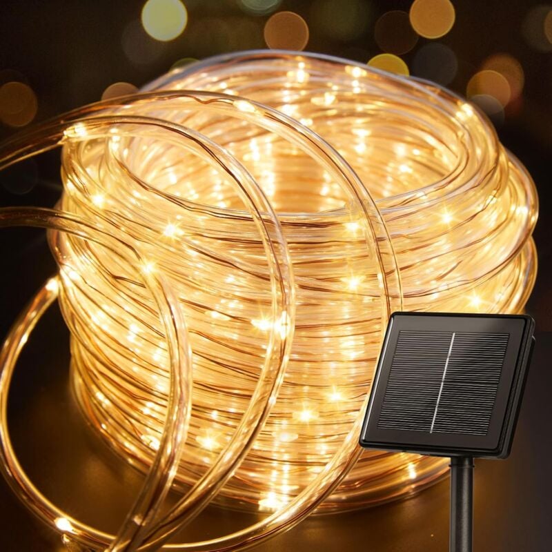 foto del prodotto catena luminosa solare per esterni, 12 m, 100 led, ip65, impermeabile, con 8 modalit di illuminazione, per feste, giardino, cortile, casa, albero di