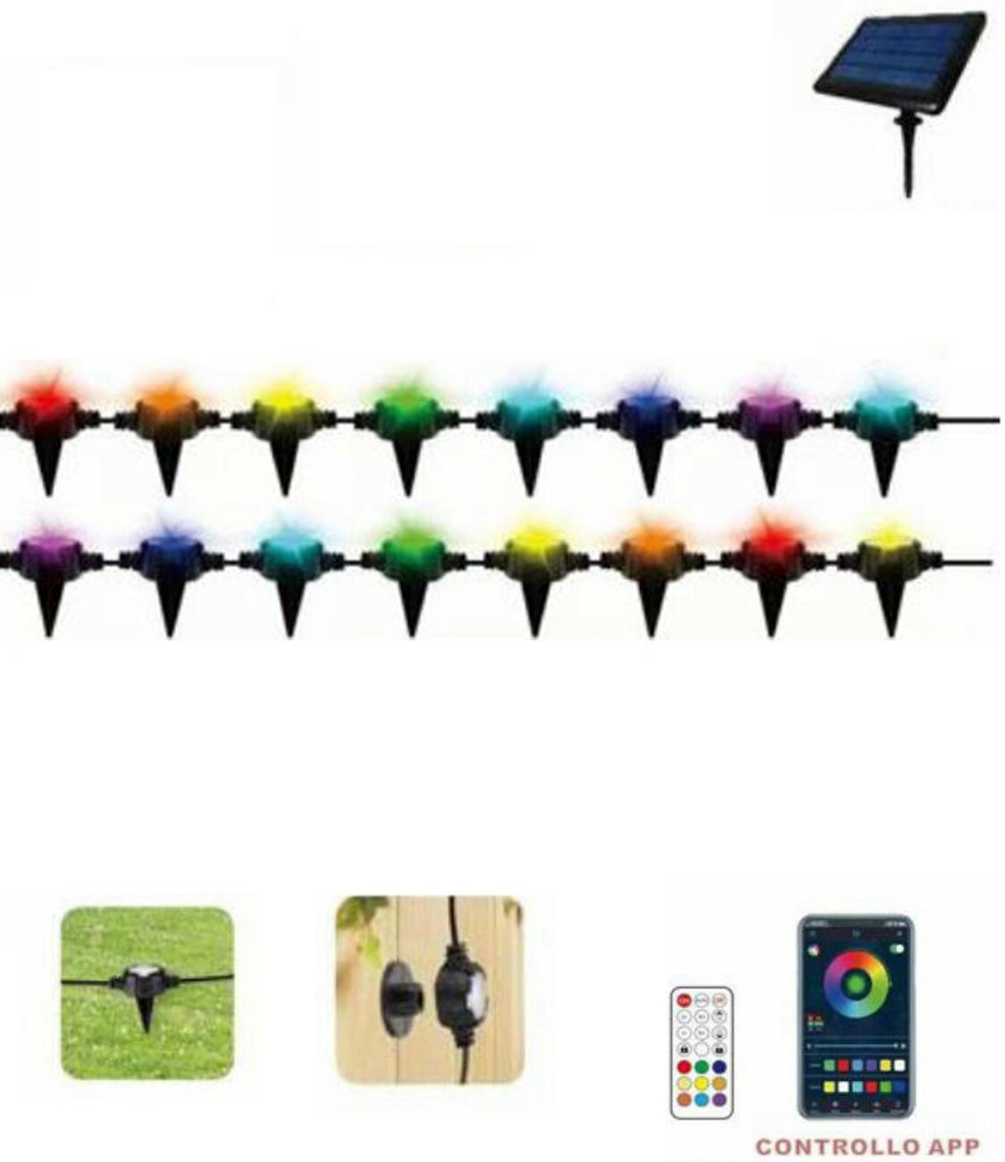 foto del prodotto catena smart led rgb segnapasso terra muro 16 lampadine solare esterne ip65 f16c