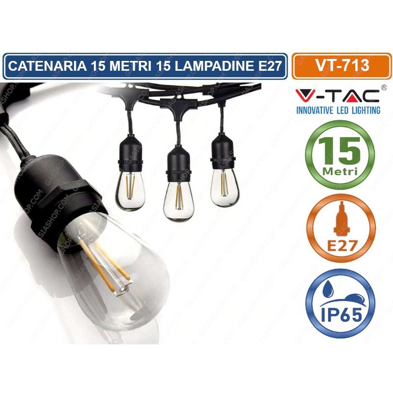 foto del prodotto catenaria 15mt nera 15 lampadine attacco e27 vt 713 3673 v tac