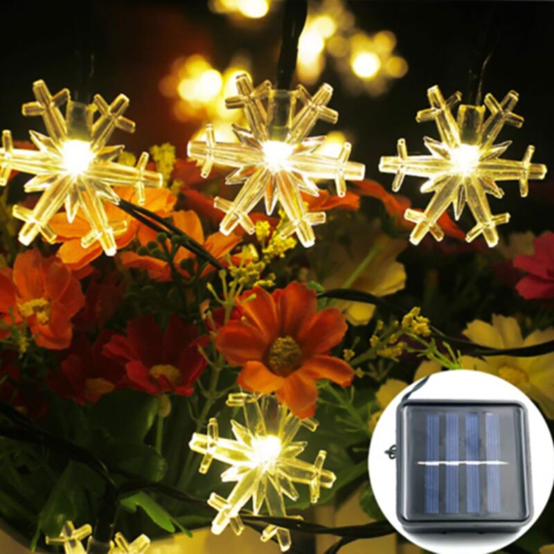 foto del prodotto catenaria 30 luci led energia solare fiocco neve natale bianco naturale esterno