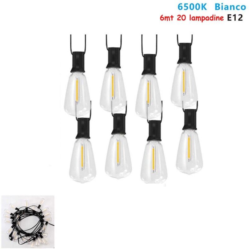 foto del prodotto catenaria catena luminosa 6mt con 20 lampadine e12 esterno luce fredda 6500k
