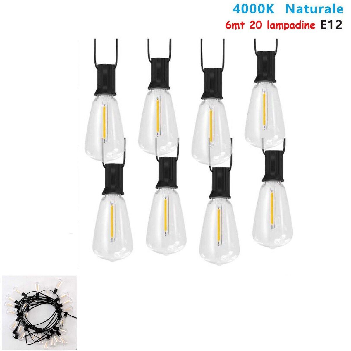 foto del prodotto catenaria catena luminosa 6mt con 20 lampadine e12 esterno luce naturale 4000k