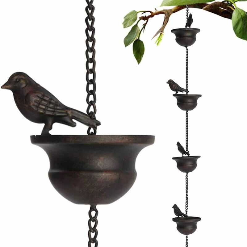 foto del prodotto catene per la pioggia per grondaie uccelli mobili su tazze campanelli per la pioggia campanelli per la pioggia da 7,8 piedi con gancio e uccelli