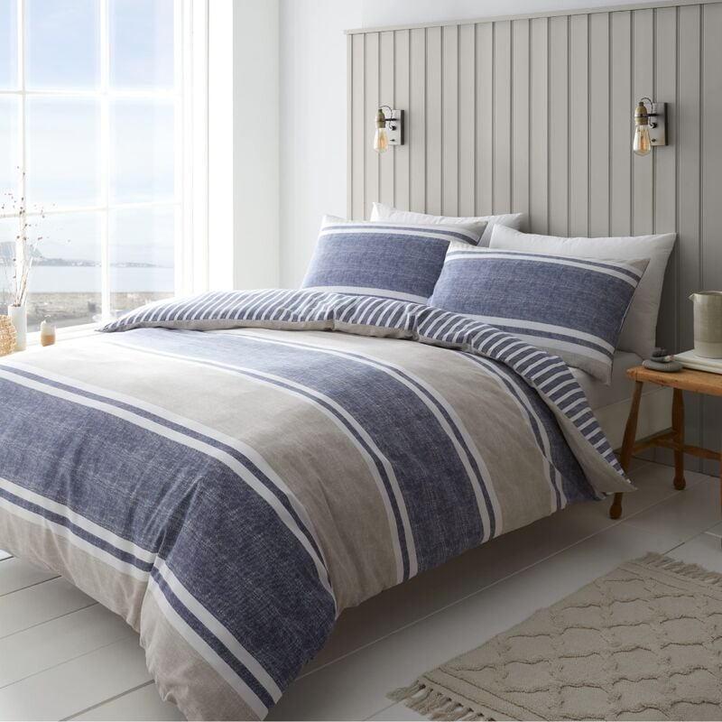 foto del prodotto catherine lansfield bedding set copripiumino per letto matrimoniale, con federe, motivo a righe, colore blu