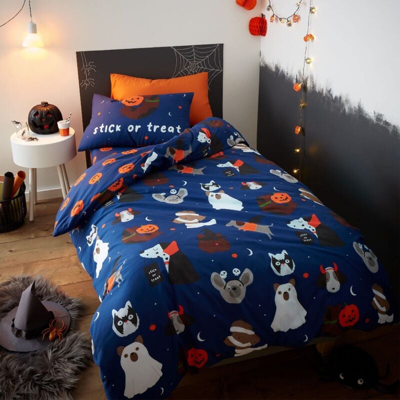foto del prodotto catherine lansfield biancheria da letto halloween cani glow in the dark set copripiumino singolo con federe blu