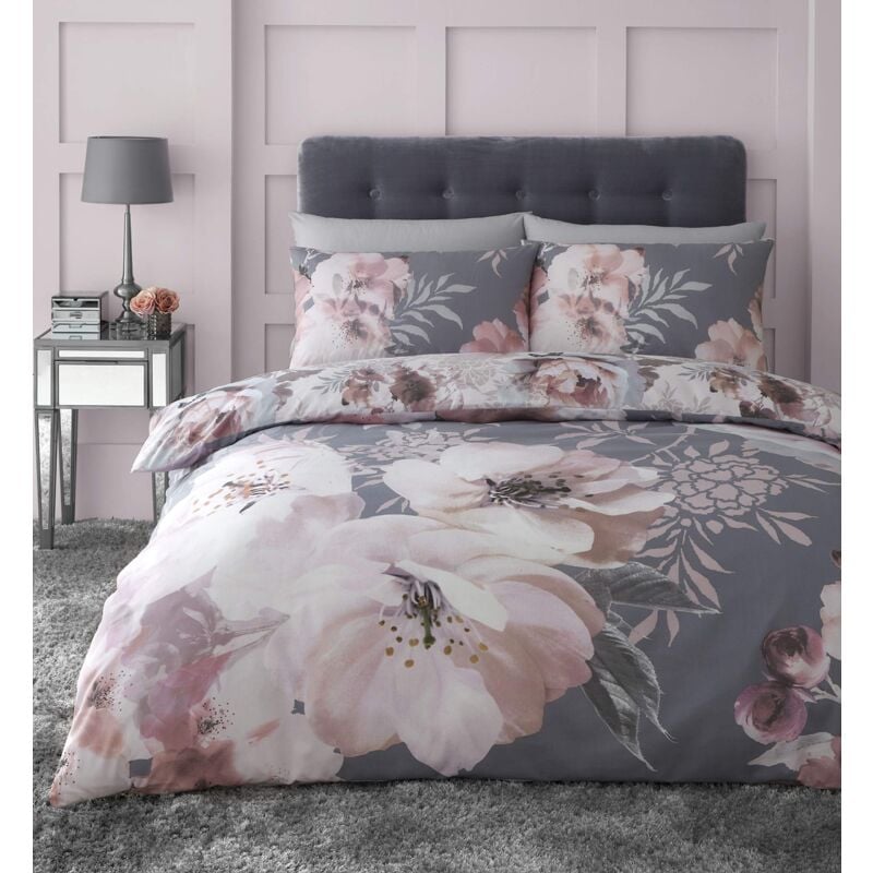 foto del prodotto catherine lansfield dramatic set copripiumino singolo, motivo floreale, facile da pulire, colore grigio