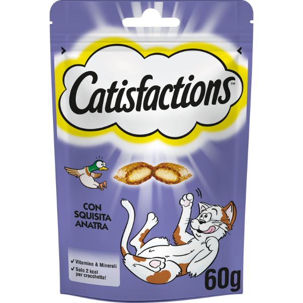 foto del prodotto catisfactions snack per gatto bustina 60 gr anatra 1 ordine scegli lo sconto bzr5 bzr20 200 punti fedelt 