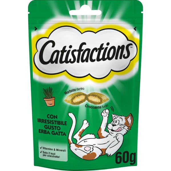 foto del prodotto catisfactions snack per gatto bustina 60 gr erba gatta 1 ordine scegli lo sconto bzr5 bzr20 200 punti fedelt 