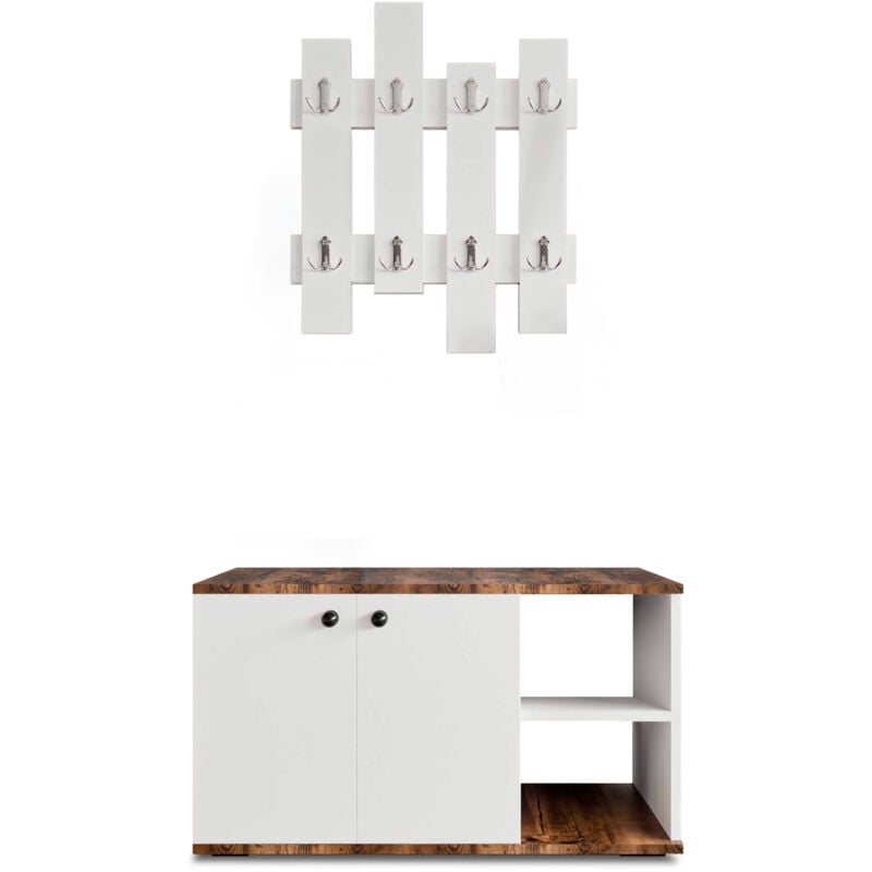foto del prodotto catter house armadio multiuso scarpiera kavala bianco marrone 90x32x53 cm con 2 porte, 2 ripiani e appendiabiti
