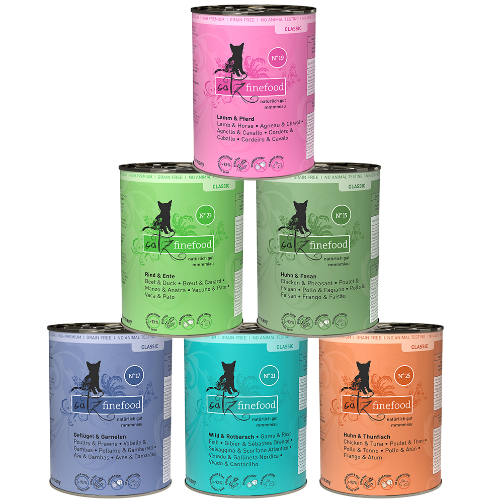 foto del prodotto catz finefood 6 x 400 g mix 2 agnello, selvaggina, manzo, 3 varianti al pollo