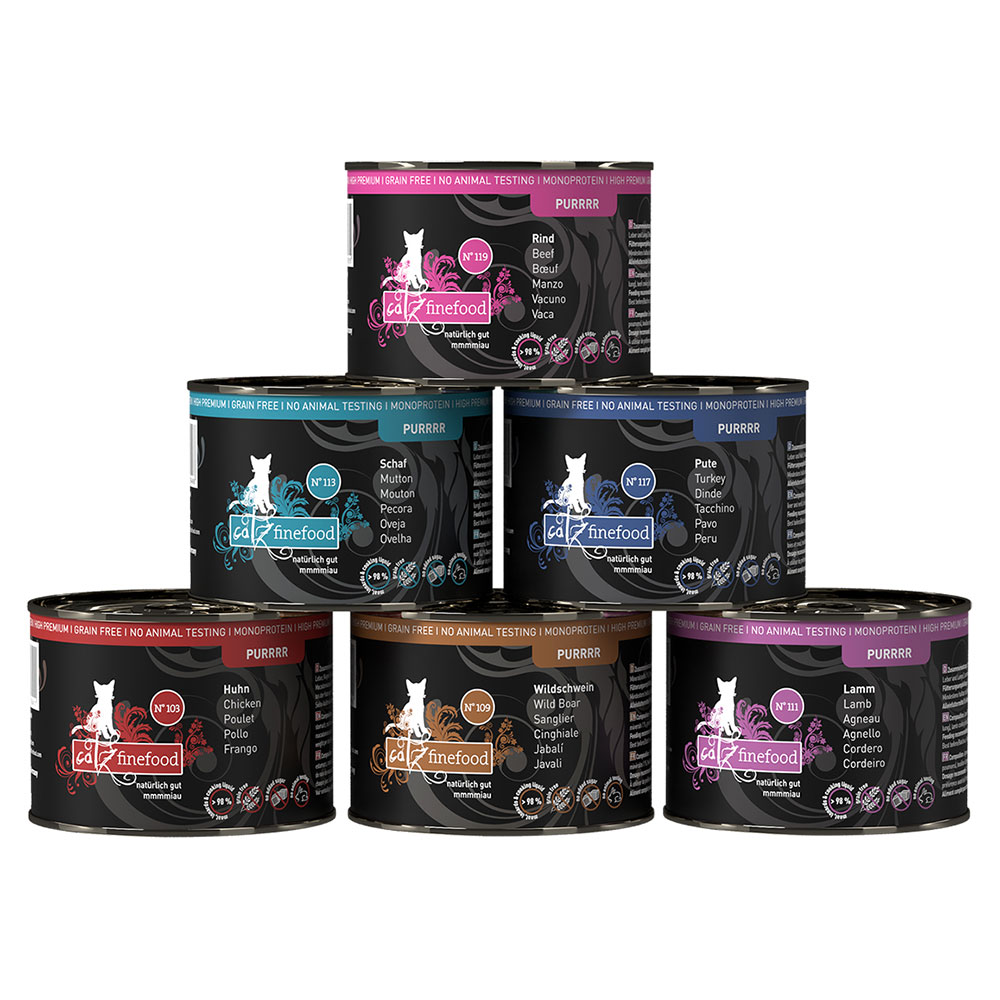 foto del prodotto catz finefood purrrr 6 x 200 190 g alimento umido per gatti mix 1 6 x 200 g pollo, cinghiale, tacchino, pecora, agnello, manzo