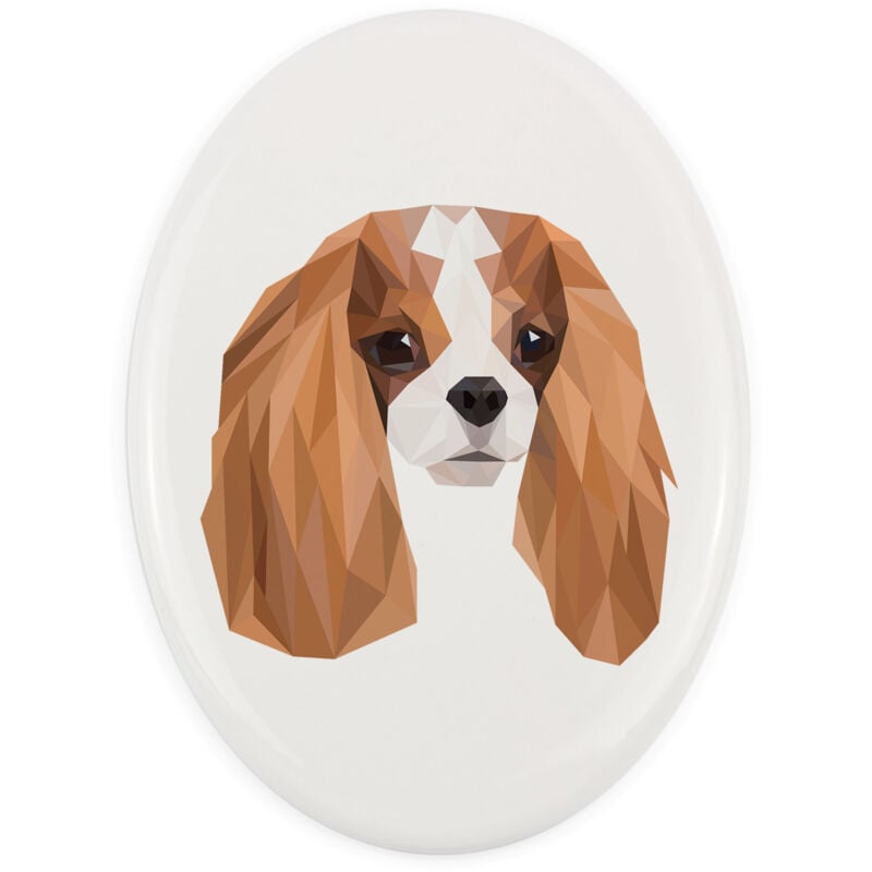 foto del prodotto cavalier king charles spaniel piatto con foto e iscrizione geometrica di art dog