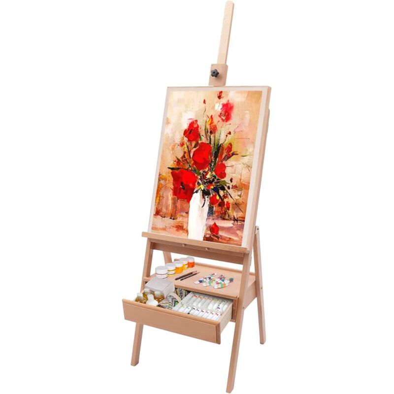 foto del prodotto cavalletto da officina pieghevole in legno di faggio con cassetto, regolabile in altezza da 154 a 198 cm, adatto per pittura artistica e pubblicit 
