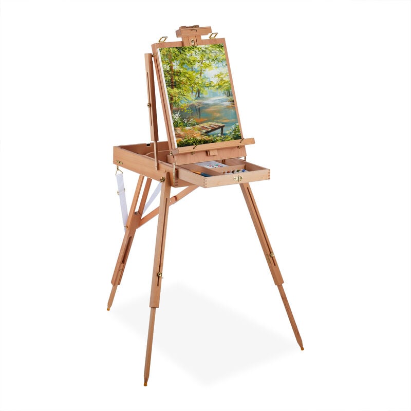 foto del prodotto cavalletto pittura portatile, valigetta per adulti con cassetto, altezza inclinazione regolabile, naturale relaxdays