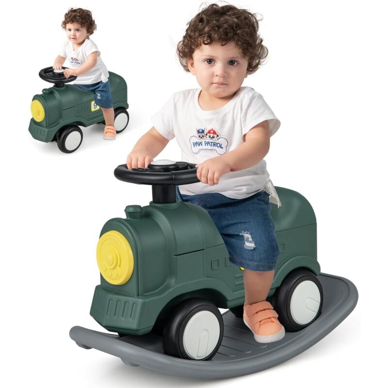 foto del prodotto cavallo a dondolo 3 in 1, auto cavalcabile a forma di treno con tavola di equilibrio rimovibile, volante rotante e ruote, giocattolo a dondolo con