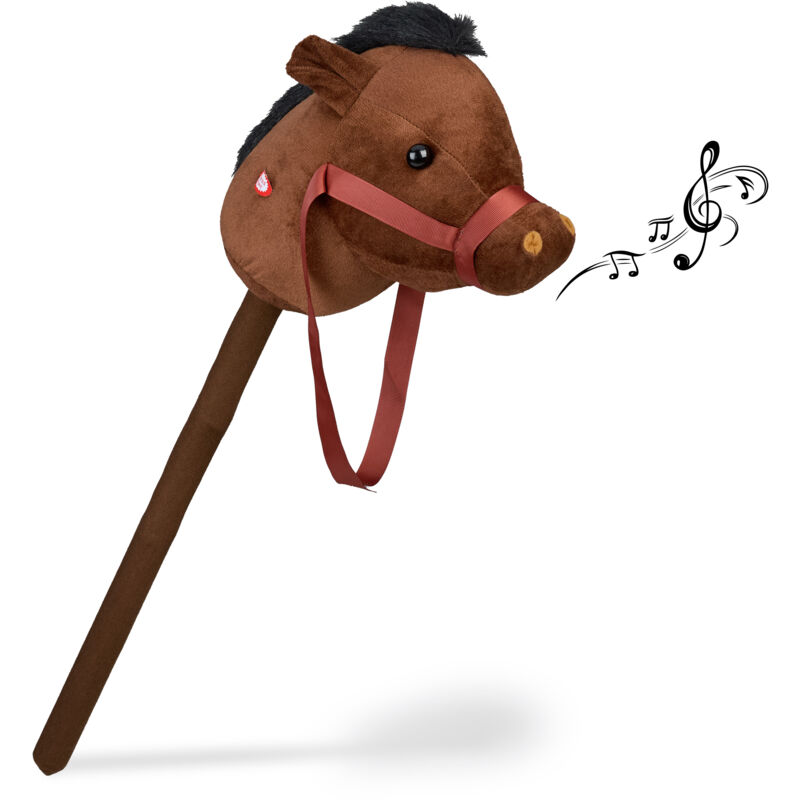 foto del prodotto cavallo con bastone per hobby horse, cavallino giocattolo cavalcabile per bambini, h 68 cm, suoni, marrone relaxdays