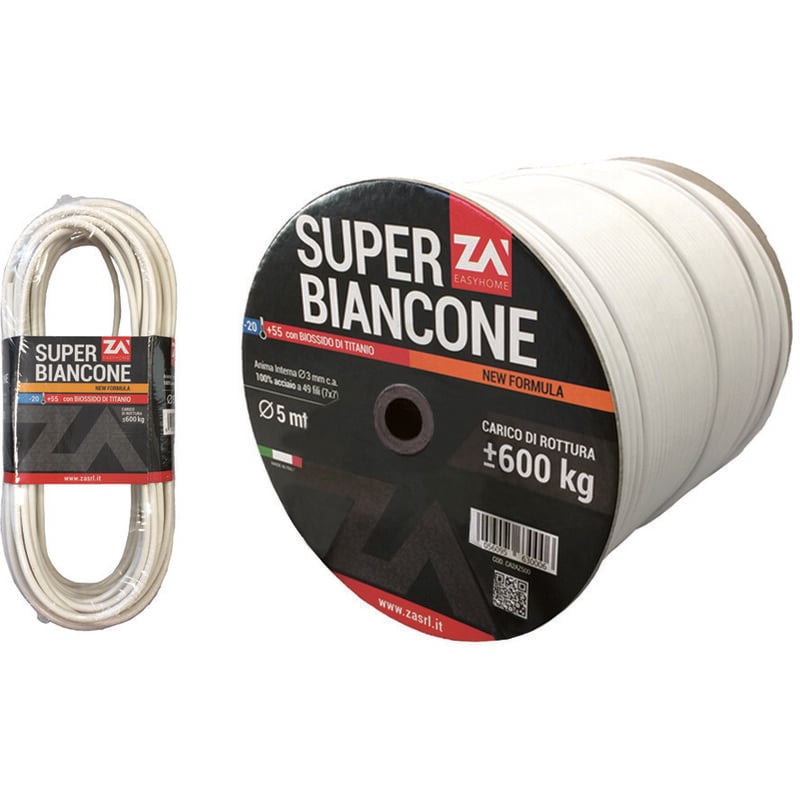 foto del prodotto cavetto rivestito in pvc bianco in acciaio zincato mm.5 in rotoli mt.500