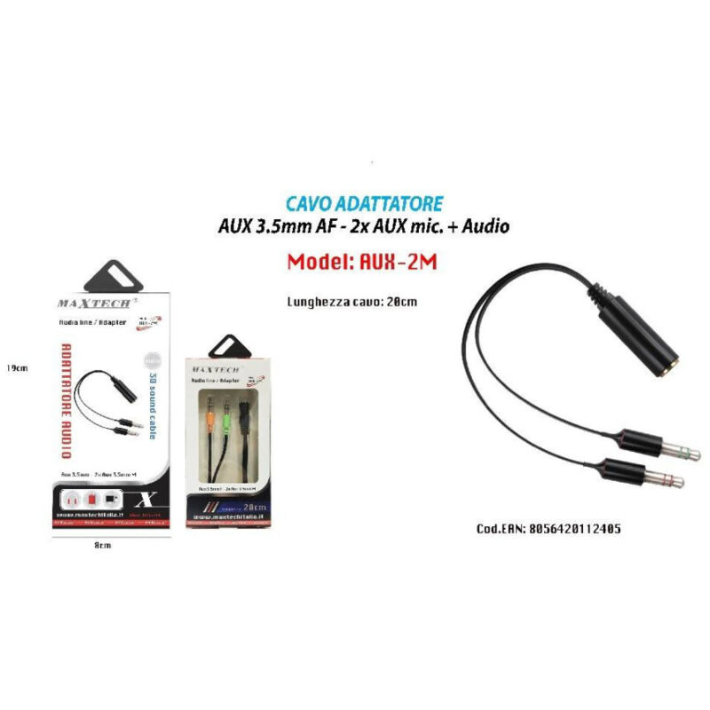 foto del prodotto cavo adattatore audio aux 3.5mm femmina a maschio 2x aux microfono aux 2m maxtech