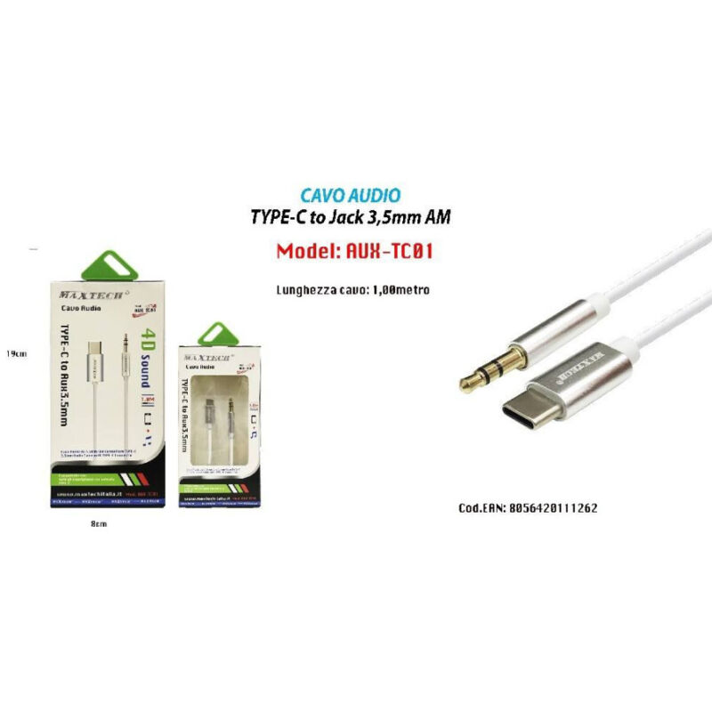 foto del prodotto cavo adattatore audio cuffie aux jack 3,5mm maschio a type c aux tc01 maxtech