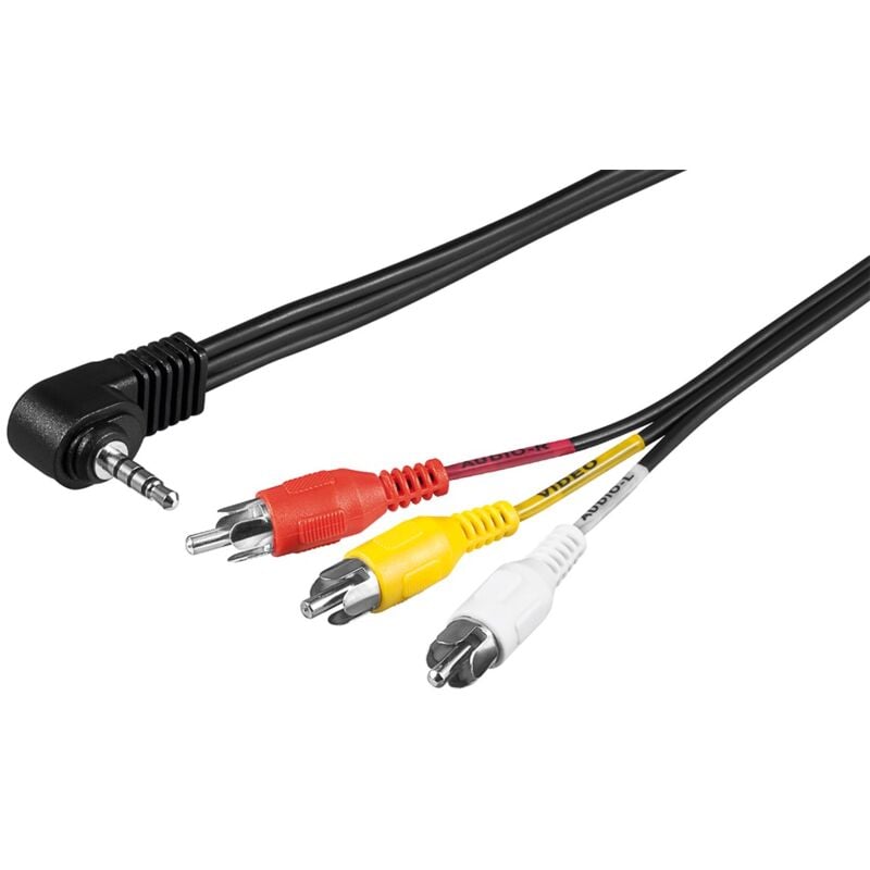 foto del prodotto cavo adattatore, audio video composito a 3,5 mm, spina 3,5 mm 4 pin, stereo 90 3 spina rca. lunghezza del cavo 1.5 m