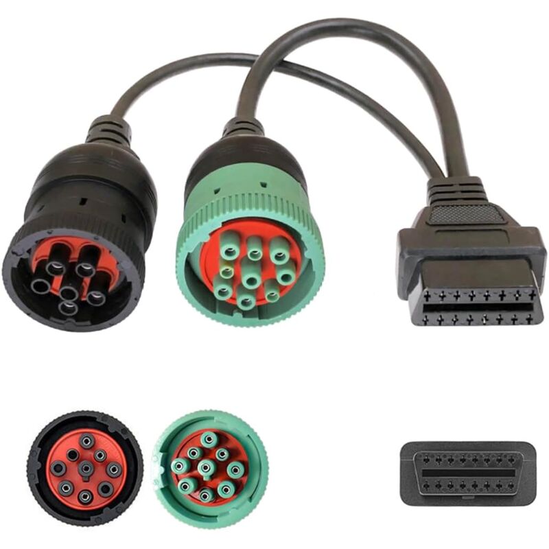 foto del prodotto cavo adattatore obd2 a 9 pin j1939 e 6 pin j1708 a 16 pin verde tipo 2 per diagnostica di camion diesel pesanti
