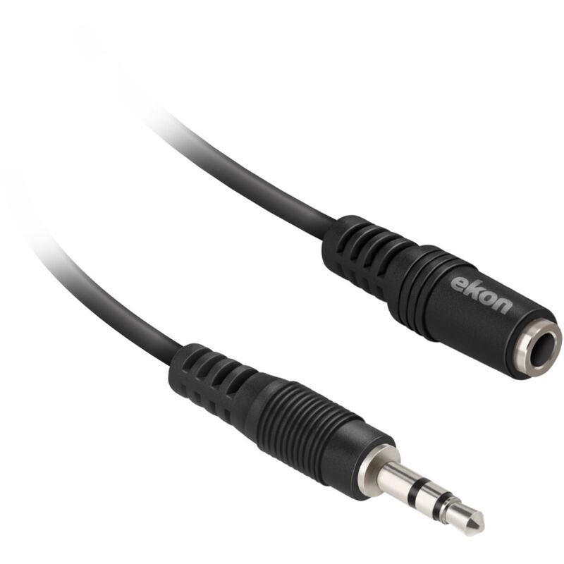 foto del prodotto cavo audio con connettore jack 3,5 mm maschio e connettore jack 3,5 mm femmina, con protezione anti piega, colore nero, lungo 1,8 m