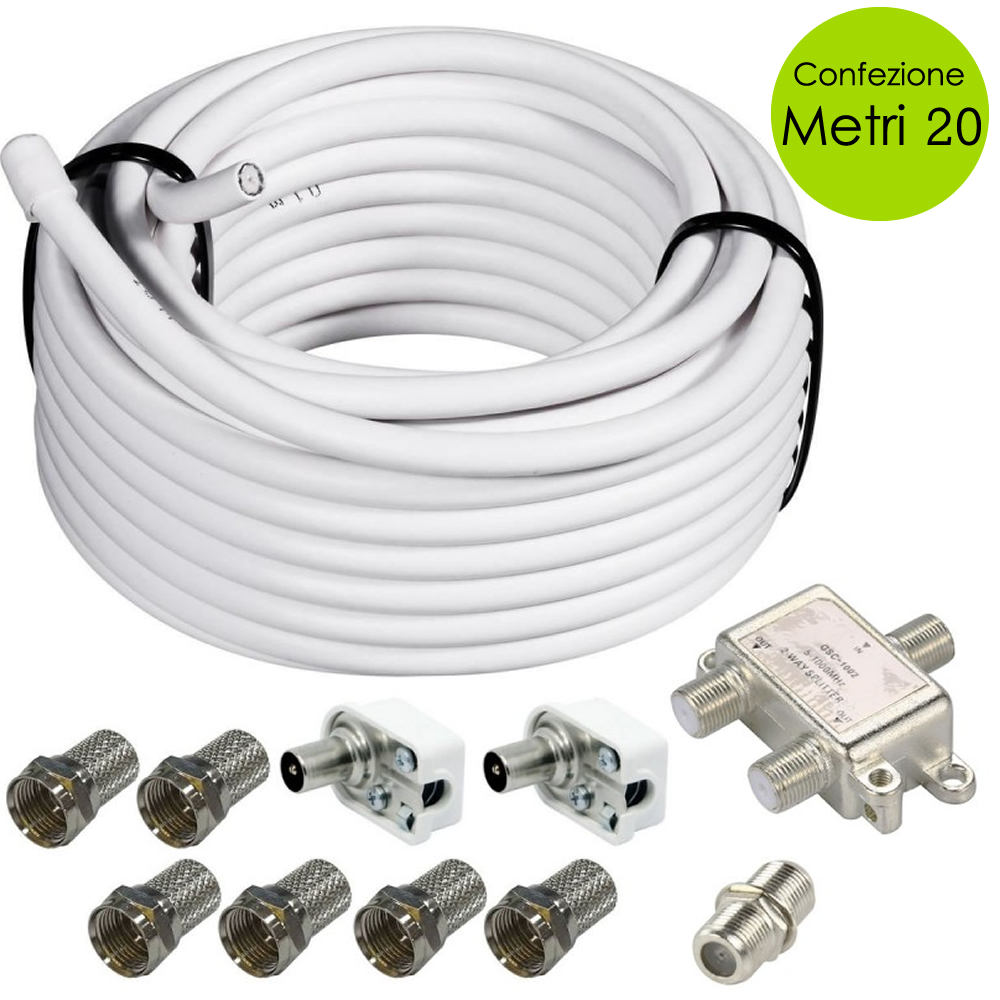foto del prodotto cavo coassiale antenna tv satellitare con 6 connettori f e splitter