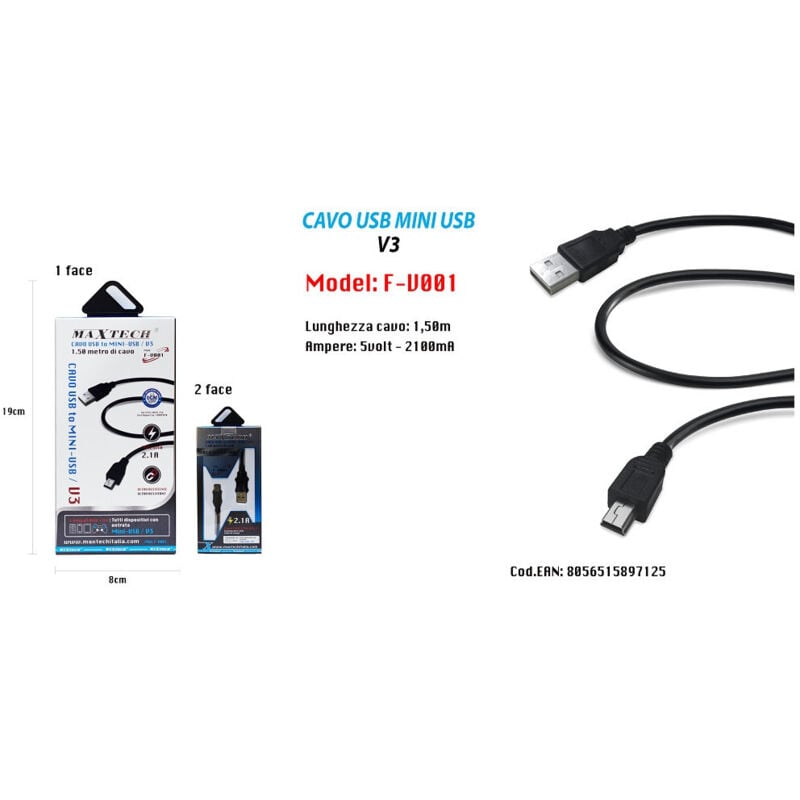 foto del prodotto cavo dati ricarica usb a mini usb v3 1.5 mt 2100ma per mp3 mp4 ps f-v001 - - maxtech
