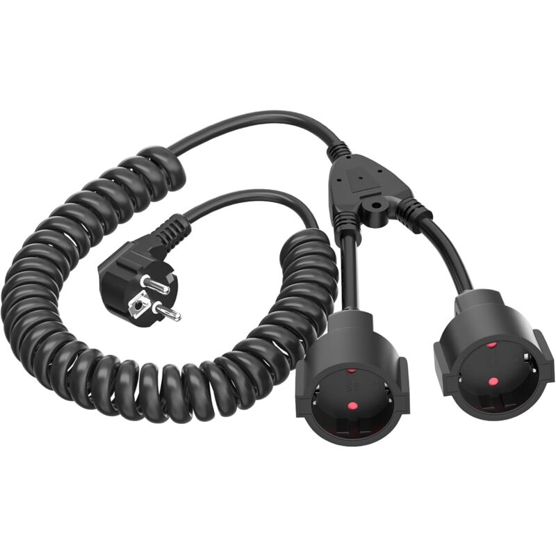 foto del prodotto cavo di prolunga a spirale, da 1 a 2 prese con messa a terra cavo a spirale estensibile da 0,9 m a 3 m max, cavo di prolunga ip20 con 2 prese, doppia