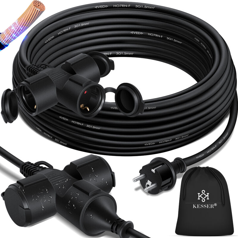 foto del prodotto cavo di prolunga con cappuccio di protezione per esterni per uso interno esterno cavo di prolunga 230 v ip44 con spina a terra nero 15m