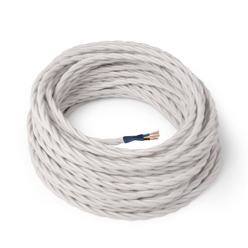 foto del prodotto cavo elettrico tessile colore bianco, trecciato, cotone, 50 metri, con messa a terra 3x0,75mm filo rivestito in tessuto colorato vintage per