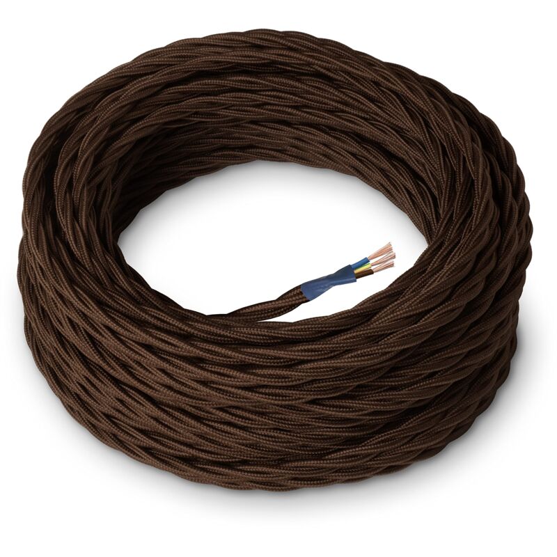 foto del prodotto cavo elettrico tessile colore marrone, trecciato, seta, 20 metri, con messa a terra 3x0,75mm filo rivestito in tessuto colorato vintage per lampade
