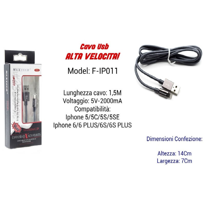 foto del prodotto cavo filo usb veloce ricarica per iphone 5volt 2000ma 1,50mt f ip011 maxtech