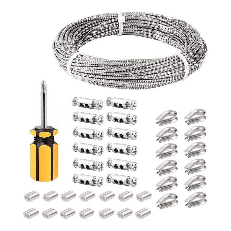 foto del prodotto cavo in acciaio inossidabile da 3 mm, cavo in acciaio inossidabile da 50 m 3 mm, cavo in acciaio rivestito con clip per cavi, manicotti m3,