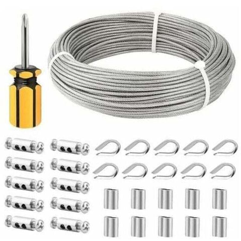 foto del prodotto cavo in acciaio inossidabile da 3 mm, corda in acciaio inossidabile da 30m 3 mm, cavo in acciaio rivestito con fascette, manicotti m3, occhielli in