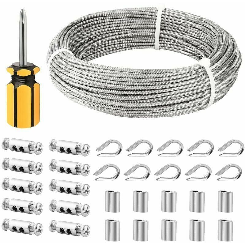 foto del prodotto cavo in acciaio inossidabile, fune in acciaio inossidabile da 50 m 3 mm, cavo in acciaio rivestito con clip, manicotto m3, ditale in acciaio