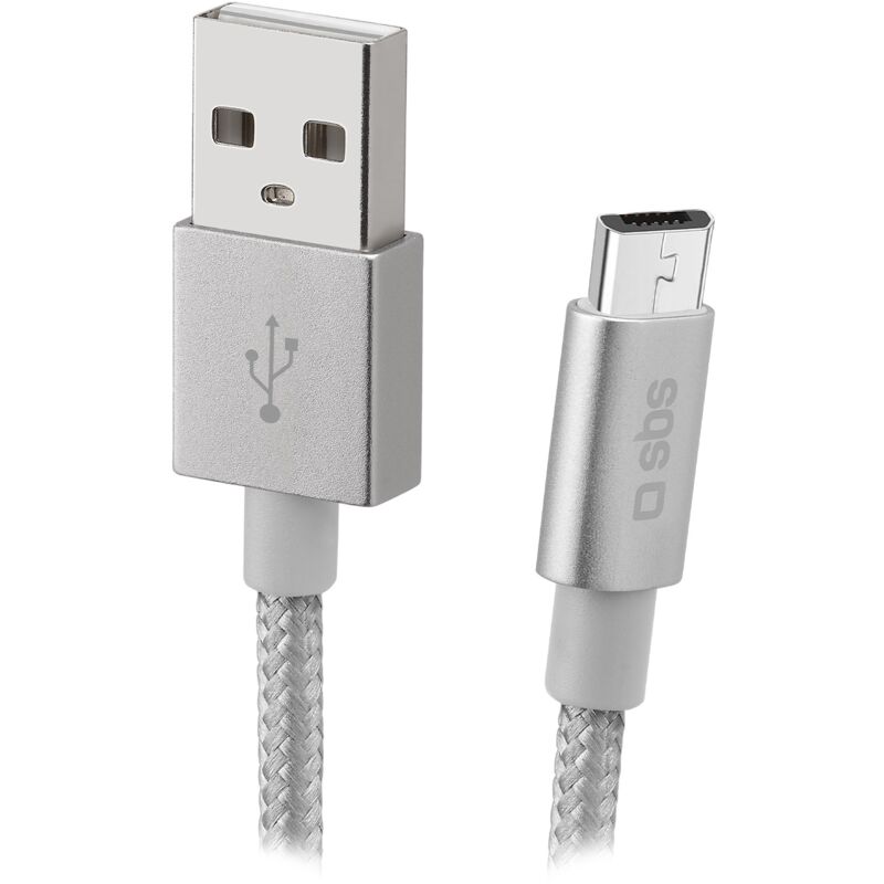 foto del prodotto cavo micro usb, con connettore metallico e cavo rivestito in tessuto silver 1 metro