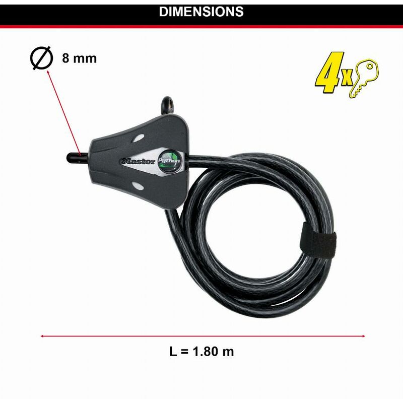 foto del prodotto cavo regolabile antifurto da 30 cm a 1,8 m python 8418eurd ideal per strumenti, attrezzature sportive, mobili da giardino master lock