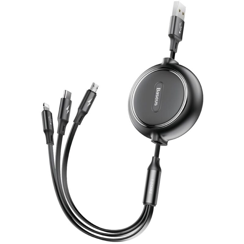 foto del prodotto cavo retrattile 3 in 1 usb microusb iphone lightning usb c 3.5a 35cm 120cm nero