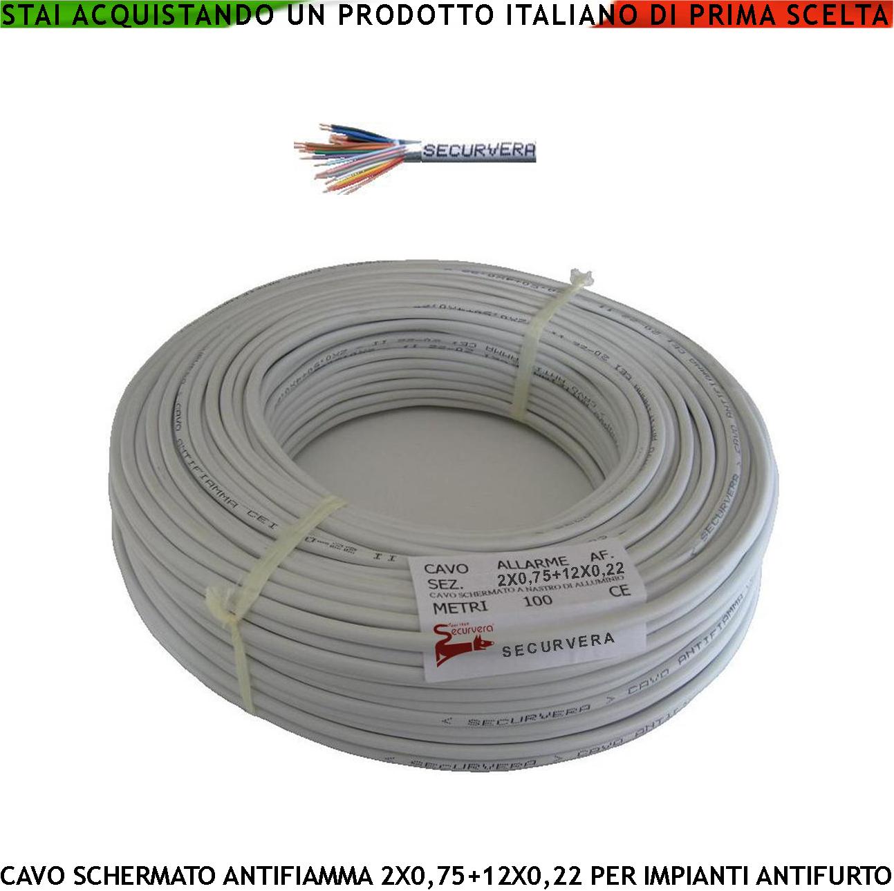 foto del prodotto cavo schermato flessibile antifiamma 2x0,75+12x0,22 mm guaina pvc bianco prot. alluminio/poliestere drenaggio conduttore fili 7 0,19 mm twistato per impianti di allarme antifurto norma cei20/22-iii