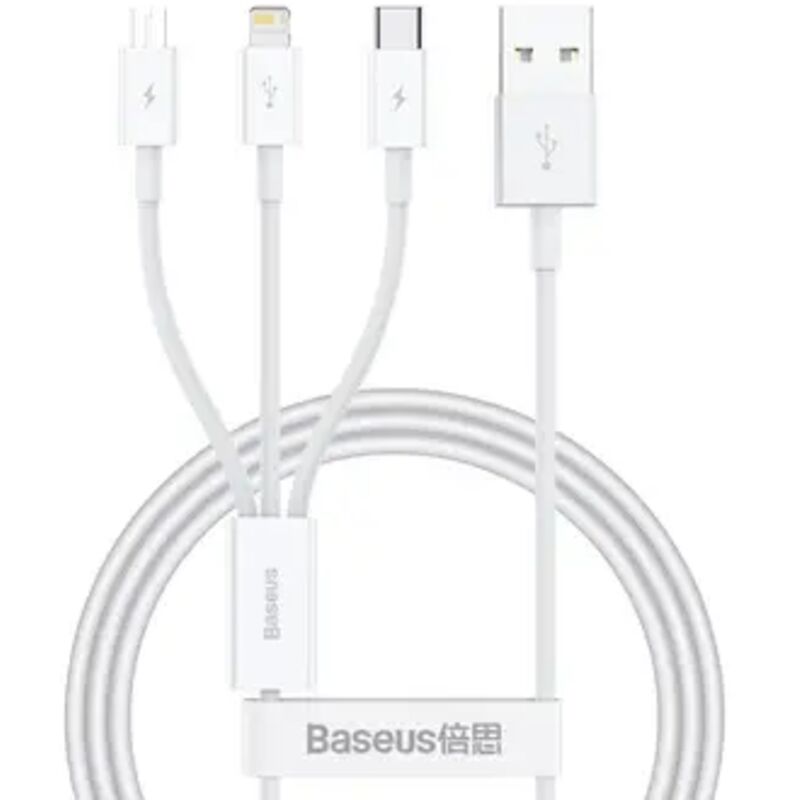 foto del prodotto cavo usb baseus superior 3 in 1 lightning usb tipo c micro usb 3,5 a 1 m bianco