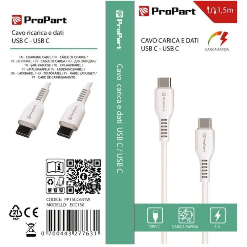 foto del prodotto cavo usb tipo c tipo c pp15cc631w ecc150 1.5mt bianco