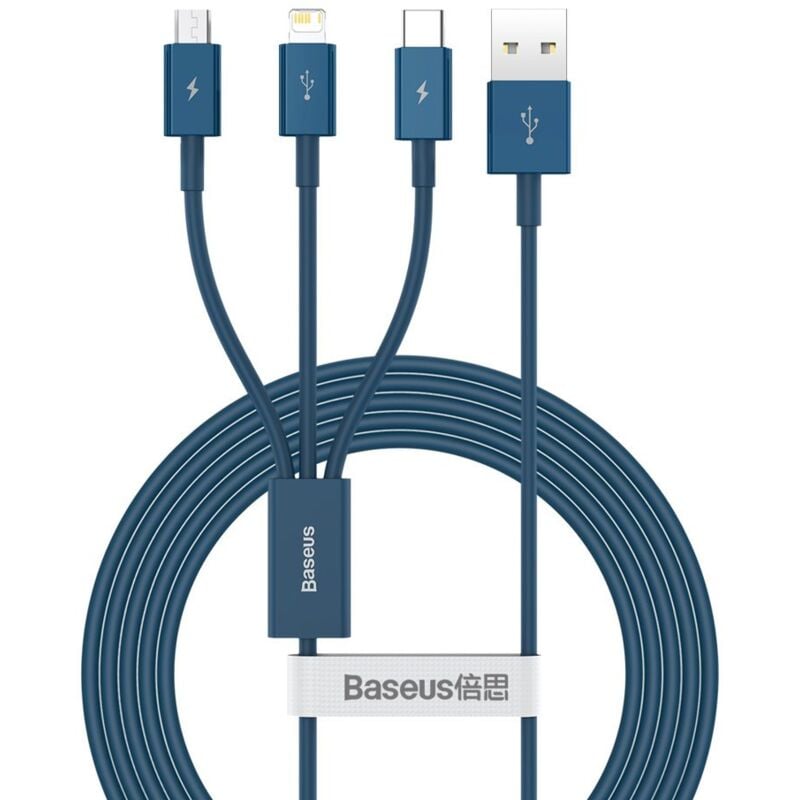 foto del prodotto cavo usb universale 3in1 lightning usb c micro usb 3,5a 1,5m blu